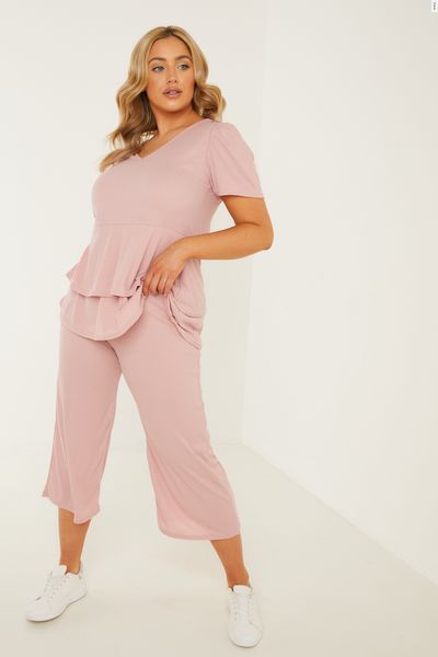 Curve Pink Ribbed Culotte Trousers